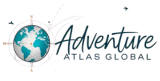 "Logo for Adventure Atlas Global featuring a globe with a compass rose, travel icons like airplanes and mountains, and bold modern typography in deep blue, teal, and gold tones."