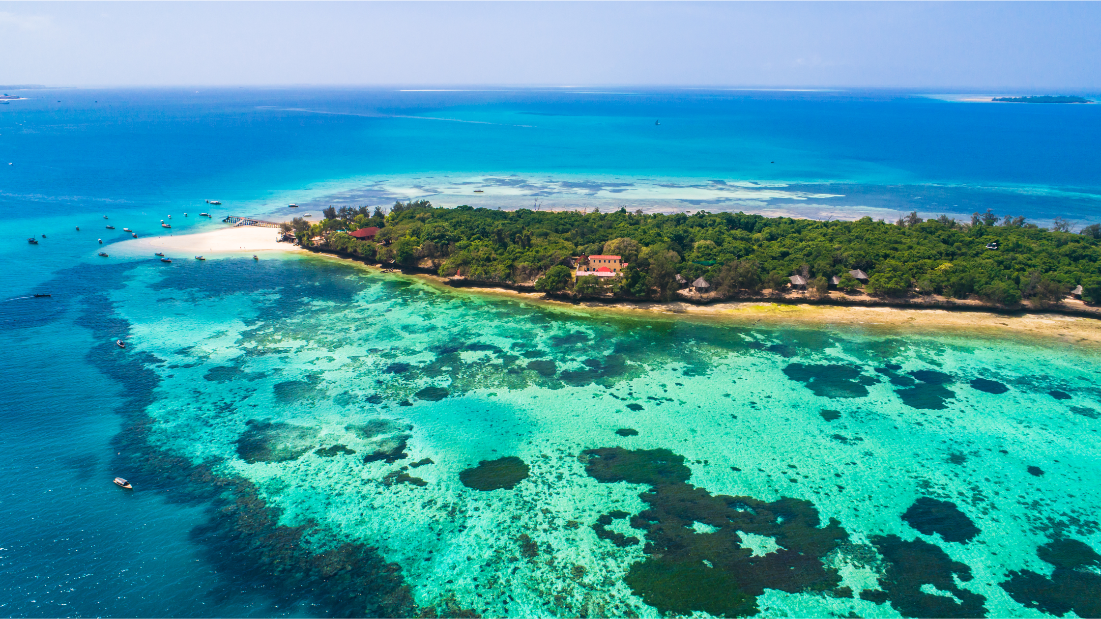 "A breathtaking view of a white sandy beach in Zanzibar, Tanzania, with turquoise waters and traditional dhow boats, perfect for relaxation and adventure while visiting Zanzibar."