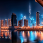 "Stunning night view of Dubai city skyline, featuring the illuminated Burj Khalifa and futuristic skyscrapers."